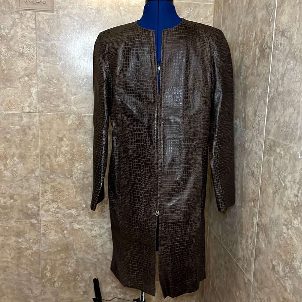 Genuine Brown leather crocodile print coat